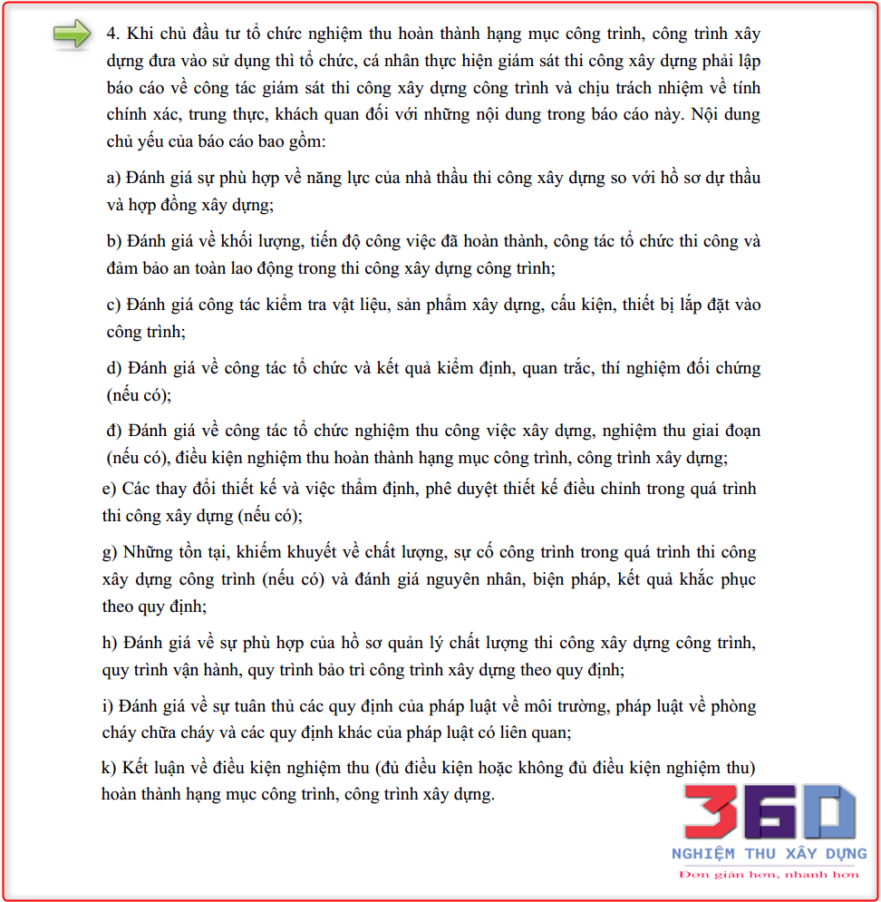Khoản 4 Điều 6 Thông tư 26/2016/TT-BXD quy định về báo cáo công tác giám sát thi công xây dựng công trình 