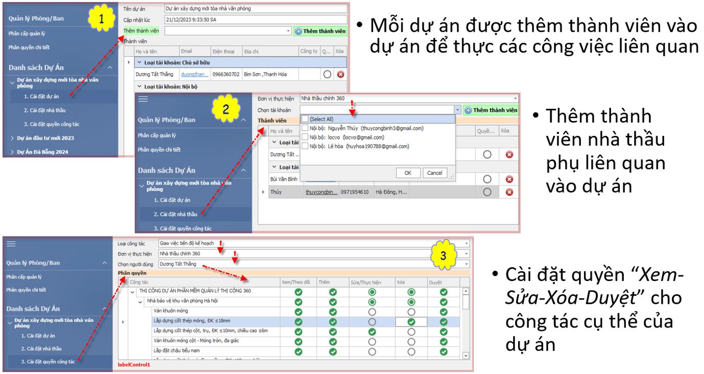 Phân quyền vào dự án và cho riêng từng thầu phụ - Phần mềm quản lý thi công 360