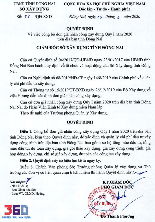 79/QĐ-SXD ngày 29 tháng 04 năm 2020 Đồng Nai về công bố nhân công xây dựng