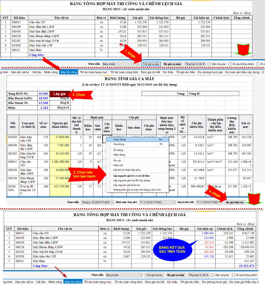 Bảng tính giá ca máy theo TT11.2019