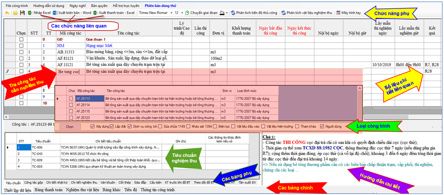 Cấu tạo bảng của phần mềm quản lý chất lượng