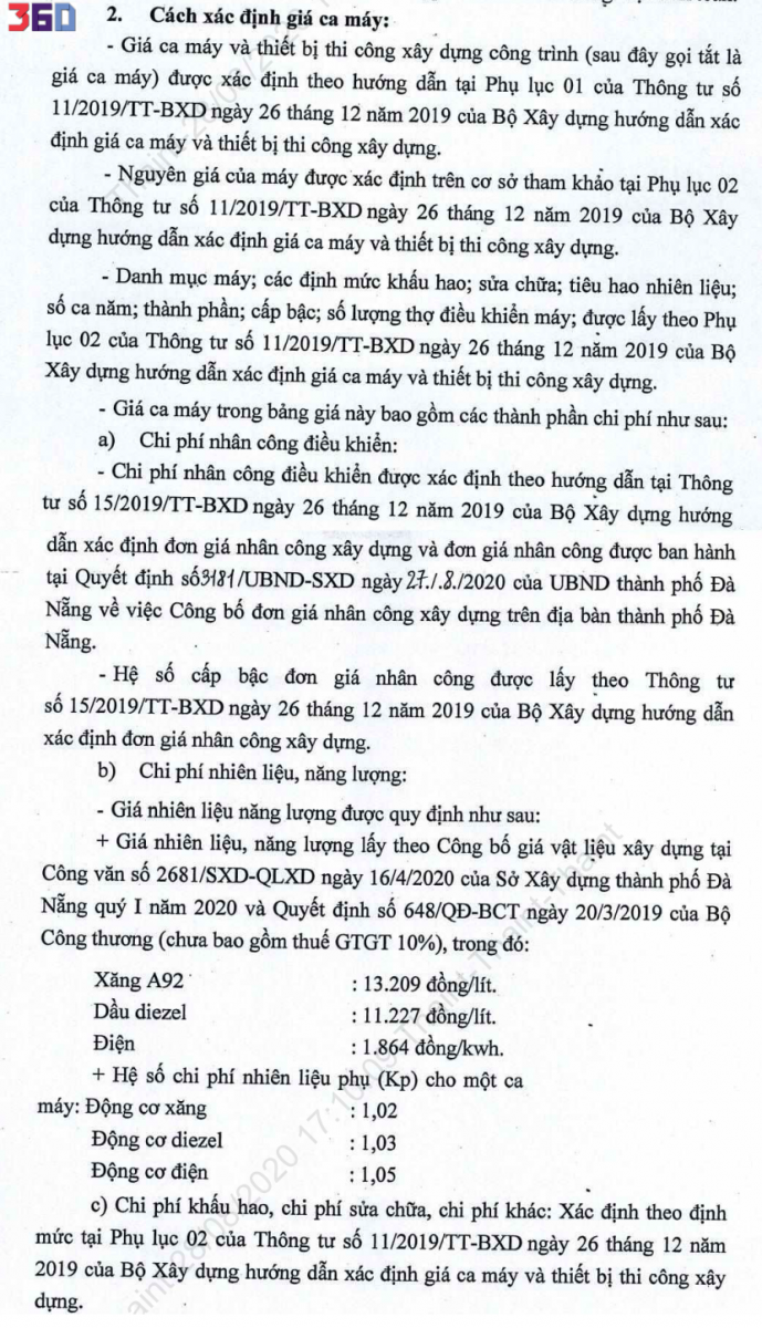 Hướng dẫn tính máy thi công trong dự toán mới 2020 Đà Nẵng