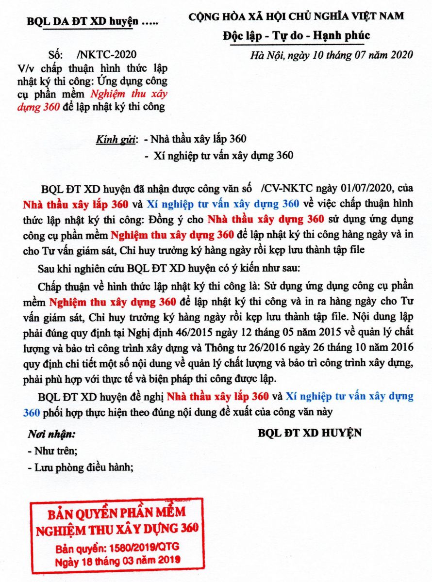 Mẫu chấp thuận nhật ký thi công