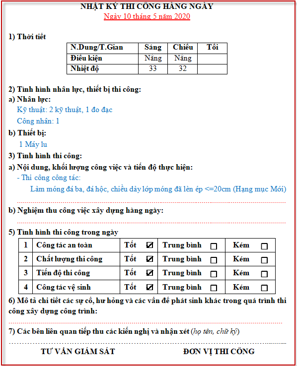 Mẫu nhật ký tư nhân hay sử dụng trên phần mềm nghiệm thu 360