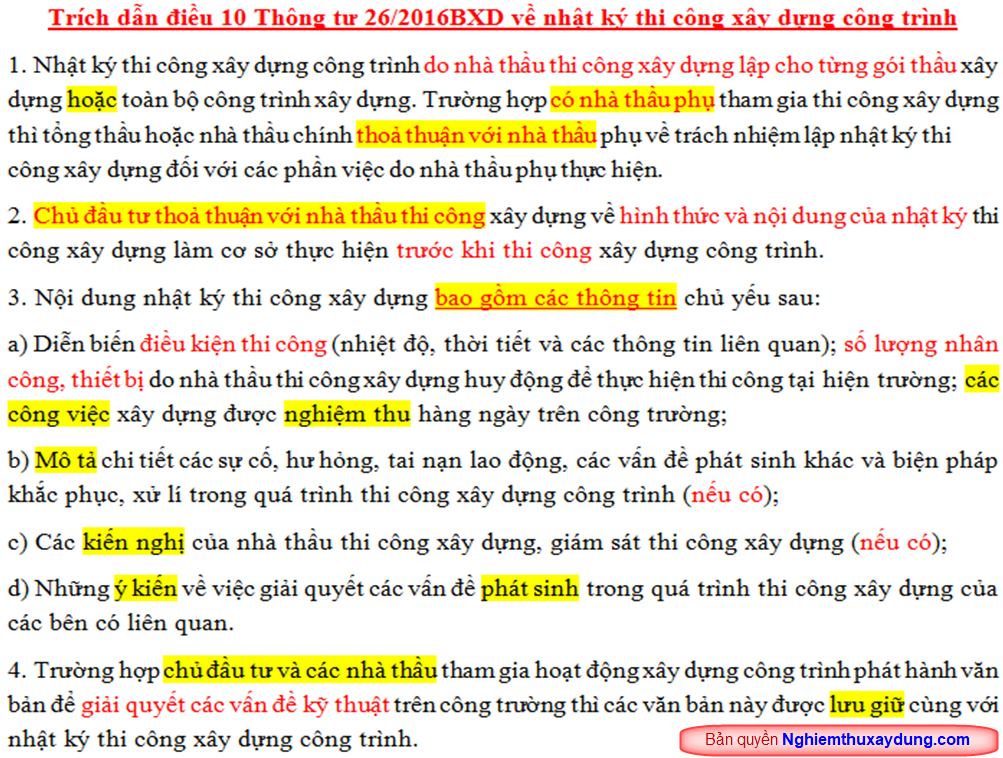 Khoản 2, khoản 3  Điều 10 của Thông tư 26/2016/TT-BXD của Bộ Xây dựng về nhật ký thi công