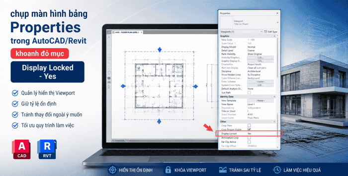 chụp màn hình bảng Properties trong AutoCAD/Revit khoanh đỏ mục "Display Locked" - Yes