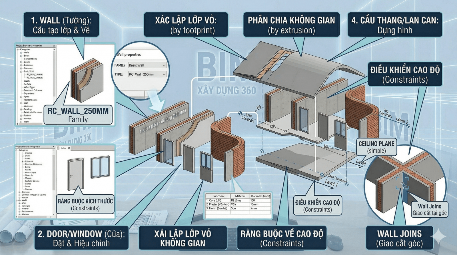 Học BIM  - Tường (Wall) Thiết lập lớp cấu tạo và điều khiển hình học