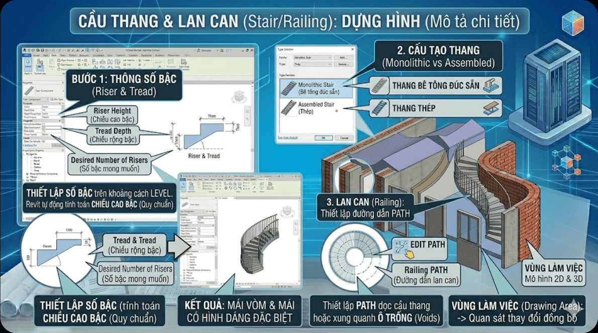 Học BIM kiến trúc - Cầu thang - Lan can