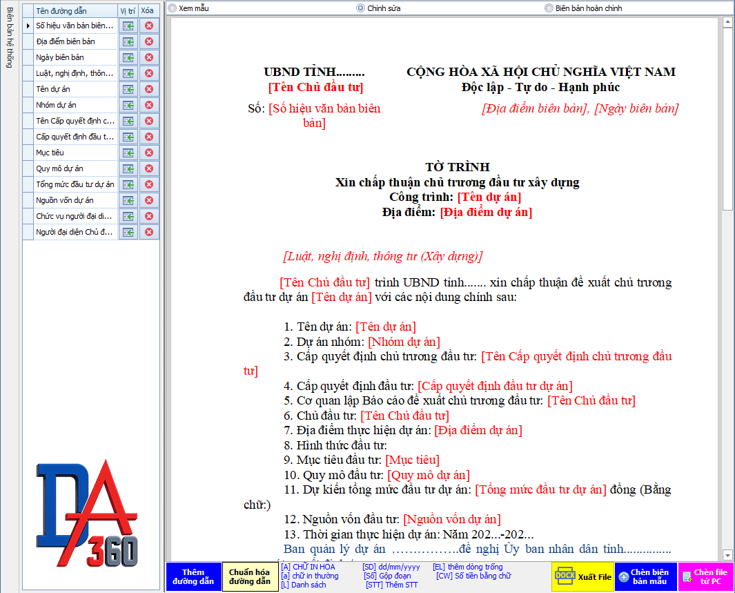 Tạo biên bản mẫu pháp lý dự án theo Chủ đầu tư