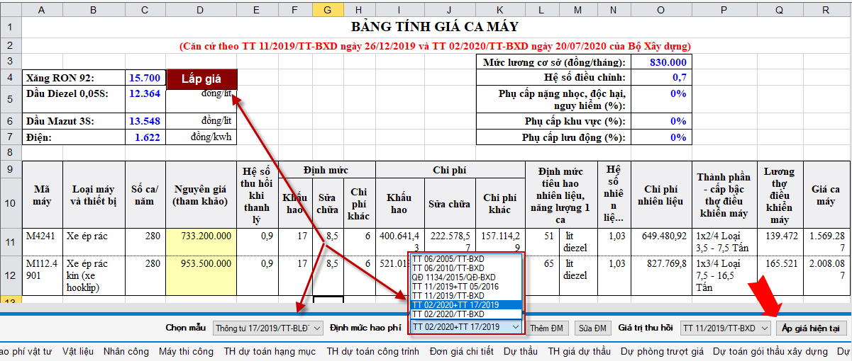 Bảng tính giá ca máy theo dịch vụ công ích cây xanh chiếu sáng 2020