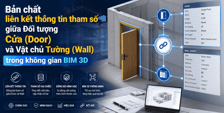 Bản chất liên kết thông tin tham số giữa Đối tượng Cửa (Door) và Vật chủ Tường (Wall) trong không gian BIM 3D