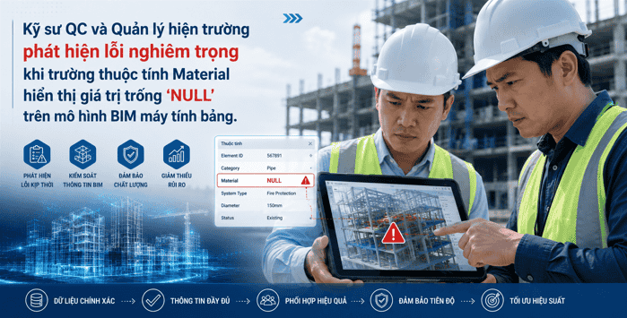 Kỹ sư QC và Quản lý hiện trường phát hiện lỗi nghiêm trọng khi trường thuộc tính Material hiển thị giá trị trống 'NULL' trên mô hình BIM máy tính bảng.