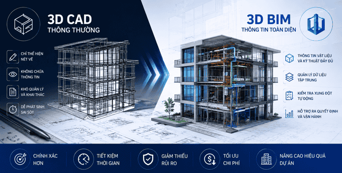  Bản vẽ 3D CAD thông thường chỉ thể hiện nét vẽ, trong khi cấu kiện 3D BIM chứa toàn bộ thuộc tính vật liệu và kỹ thuật.