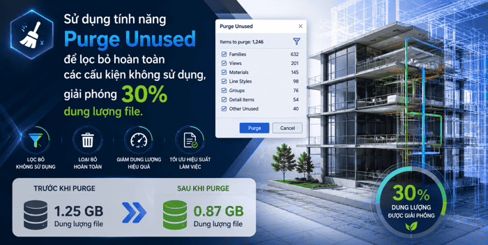 Sử dụng tính năng Purge Unused để lọc bỏ hoàn toàn các cấu kiện không sử dụng, giải phóng 30% dung lượng file.