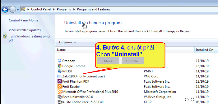 Hướng dẫn xóa bộ cài đặt bất kỳ trong Contron Panen win7 và Win10