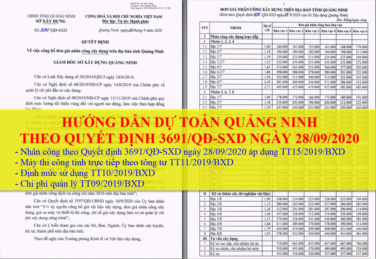 Hướng dẫn dự toán Quảng Ninh 2020 nhân công theo Quyết định 3691/QĐ-SXD ngày 28/09/2020
