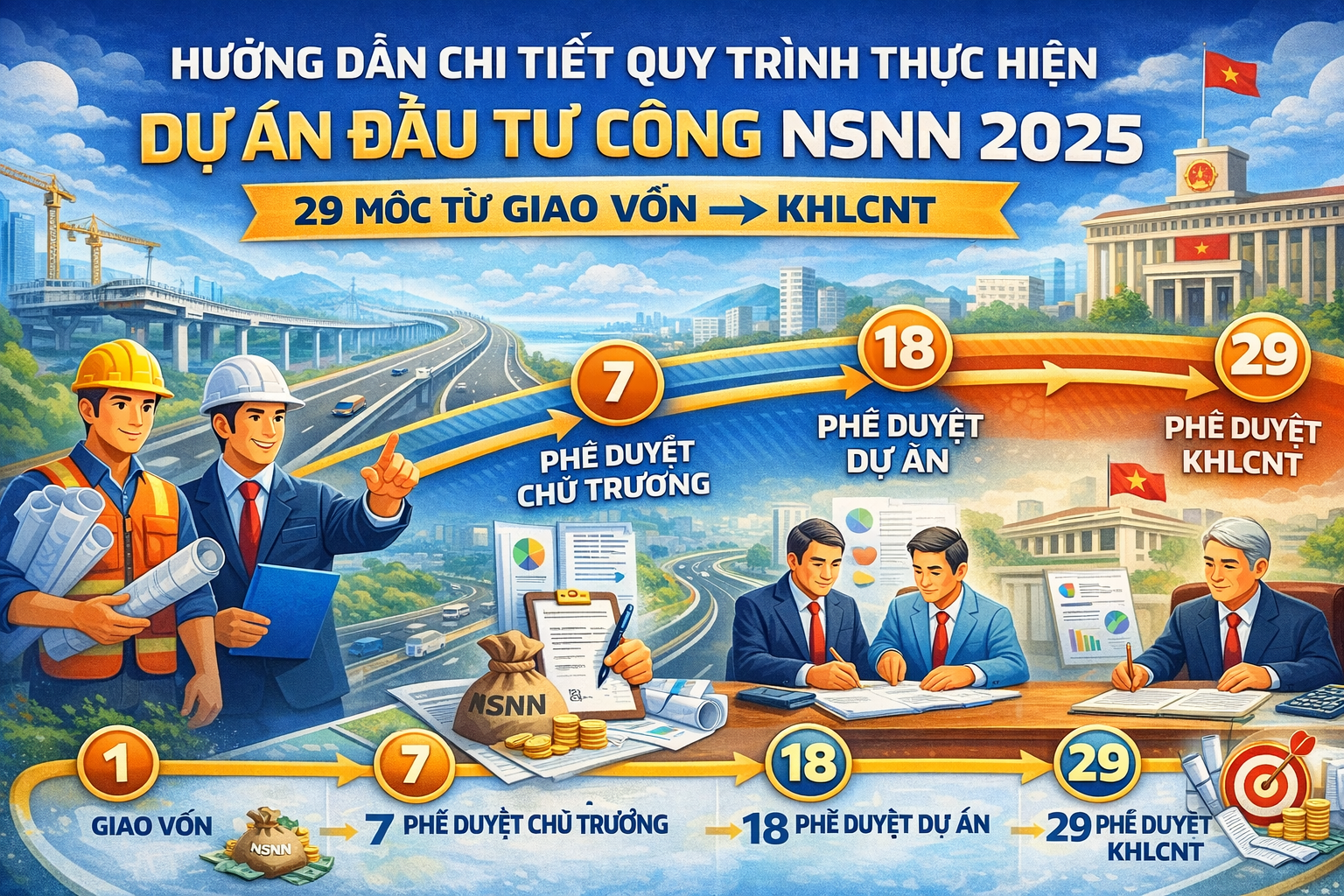 Hướng Dẫn Chi Tiết Quy Trình Thực Hiện Dự Án Đầu Tư Công NSNN 2025 (29 Mốc Từ Giao Vốn → KHLCNT)