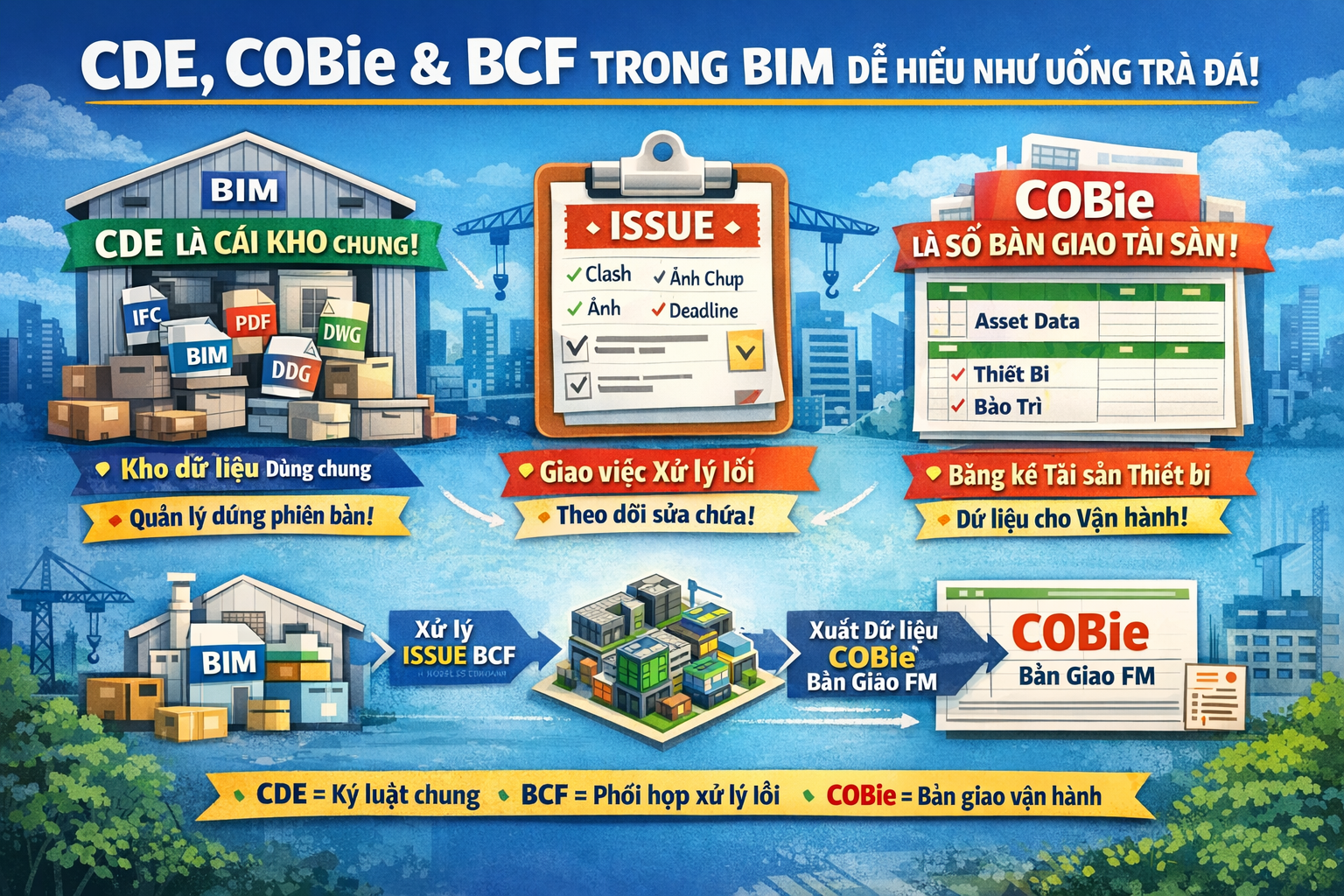 CDE, COBie và BCF trong BIM: Phân biệt, Mối liên hệ và Quy trình phối hợp chuẩn ISO