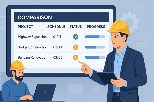 So sánh tiến độ ở bảng tổng các dự án trên phần mềm Quản lý dự án thi công 360